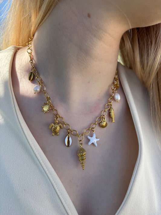 collier acier inoxydable décolleté multi pendentif dorés