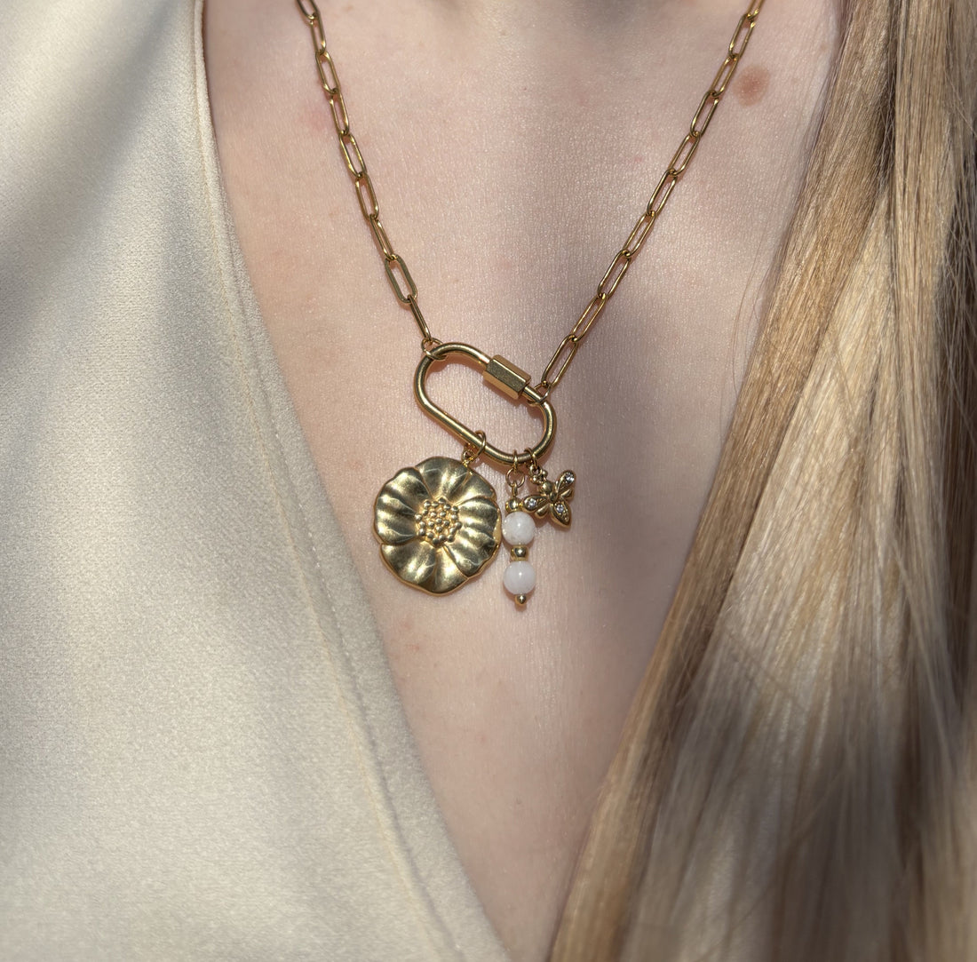 collier chaine rectangle en acier inoxydable avec pendentifs et pierre de lune