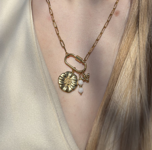 collier chaine rectangle en acier inoxydable avec pendentifs et pierre de lune